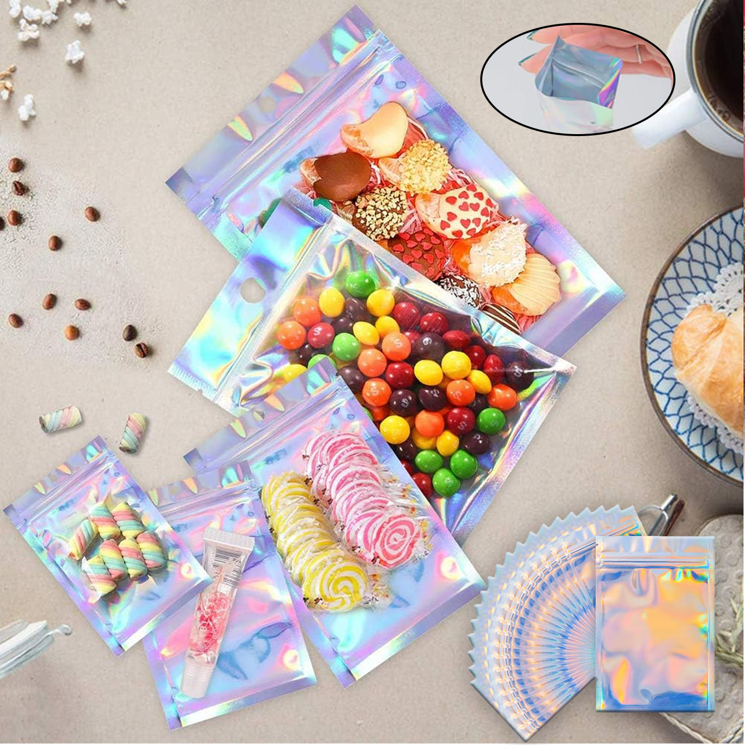 Food Storage In Mylar Bags - Bolsas de Mylar arcoíris holográficas resellables,