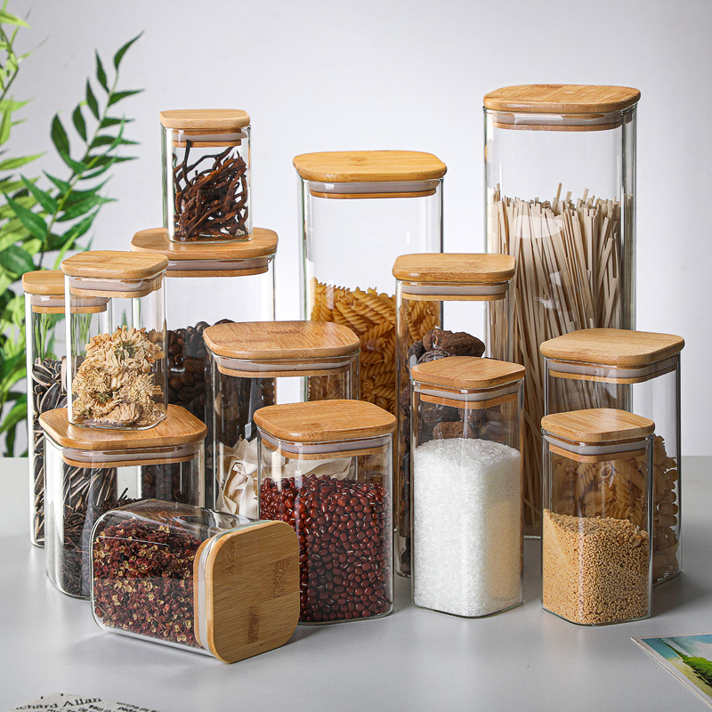 Food Storage Glass Box - Latas de vidrio de bambú transparentes,
